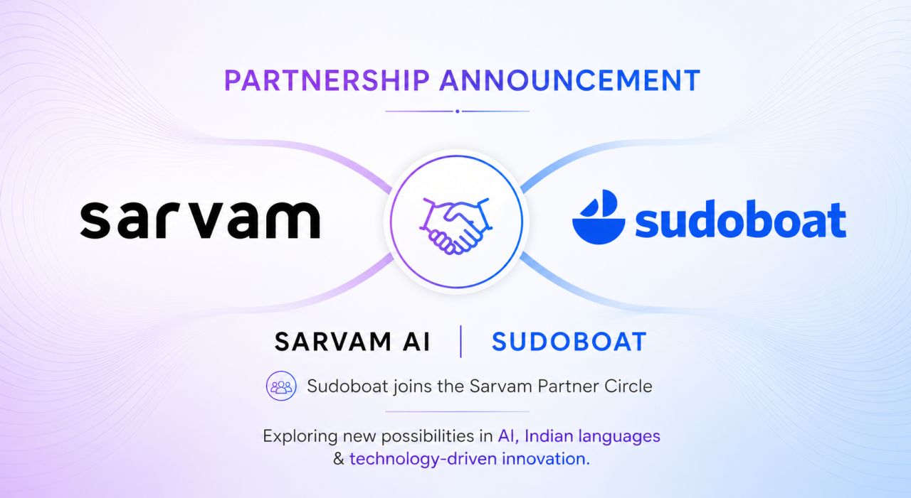 Partnership announcement — Sarvam AI and Sudoboat. Sudoboat joins the Sarvam Partner Circle.